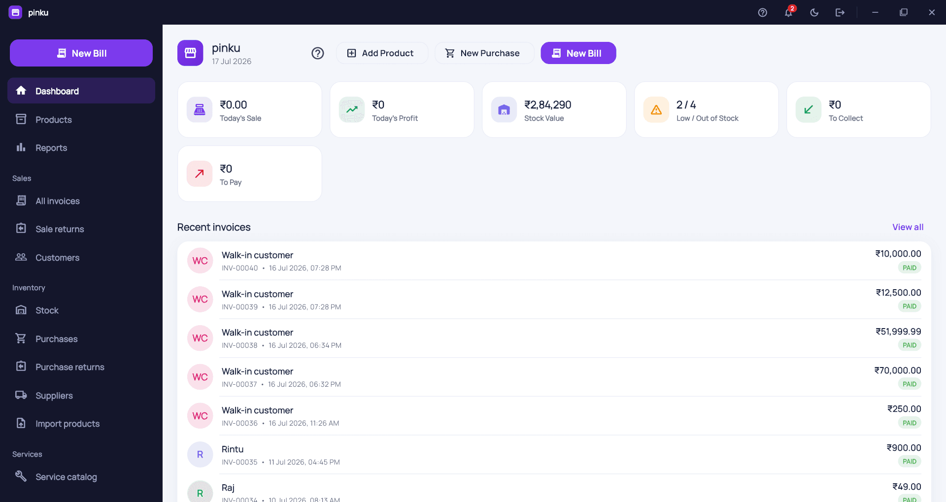 Dukania desktop dashboard showing sales, profit, stock value and a list of recent invoices
