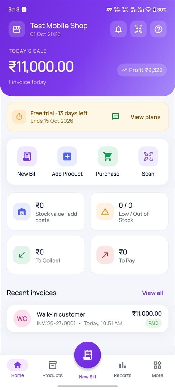Dukania mobile dashboard showing today's sale, quick actions and recent invoices